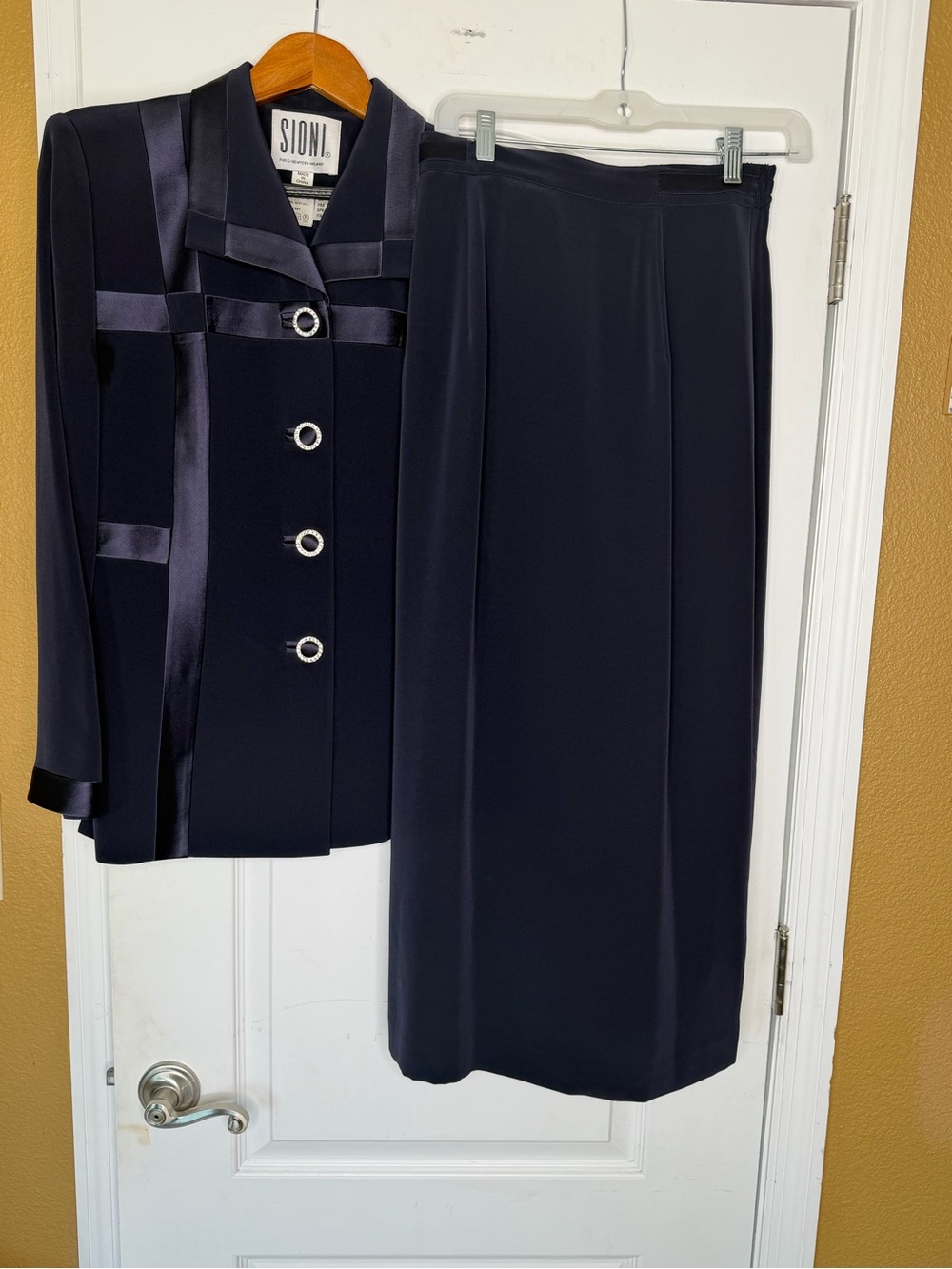 Sioni Vintage Navy 2 PC Skirt Suit W/Satin Ribbon Trim High Waisted Midi Skirt 6